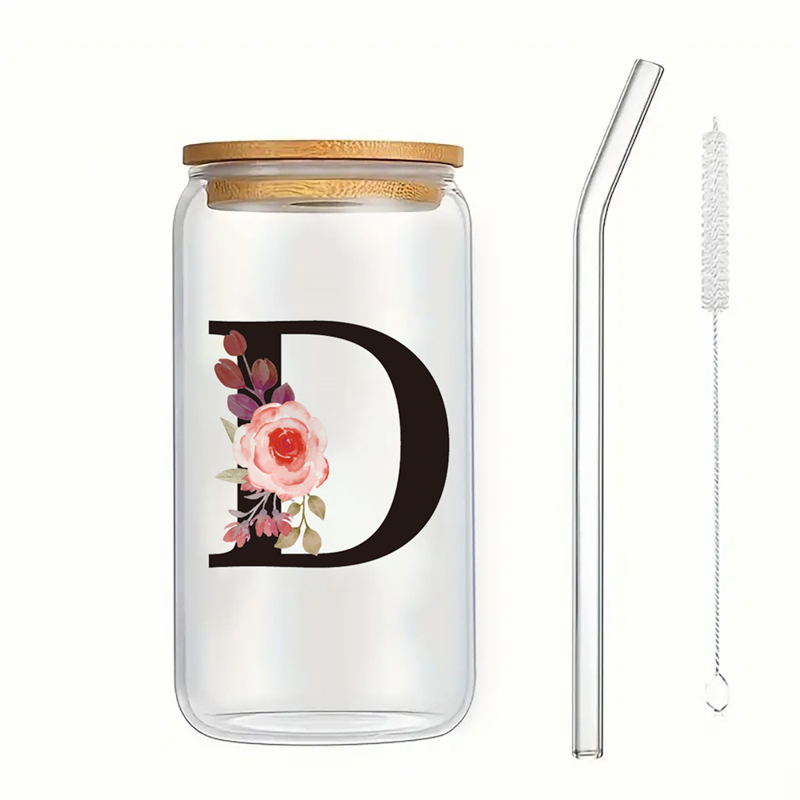 Alphabet Flowers Drinking Glass Letter A-Z Iced Coffee Water Juice Bottle Portable Clear Cup with Lid Straw Brush Birthday: Blue
