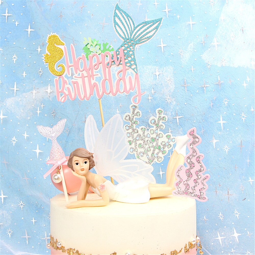 Mermaid Tail Happy Birthday Cake Topper Cake Decoration Flags Baby Boy Girl Kids Party Decoration Supplies Baby Shower Favor