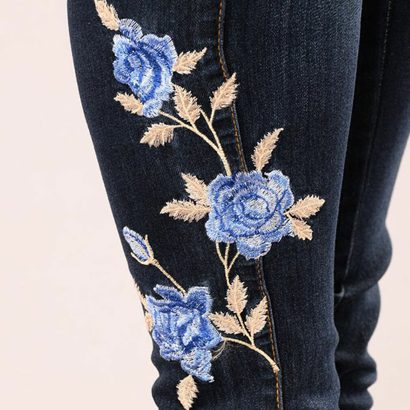 Jean brodé Stretch pour Femme élastique bleu fleur jean Femme crayon Denim Pantalon Rose motif Pantalon Femme