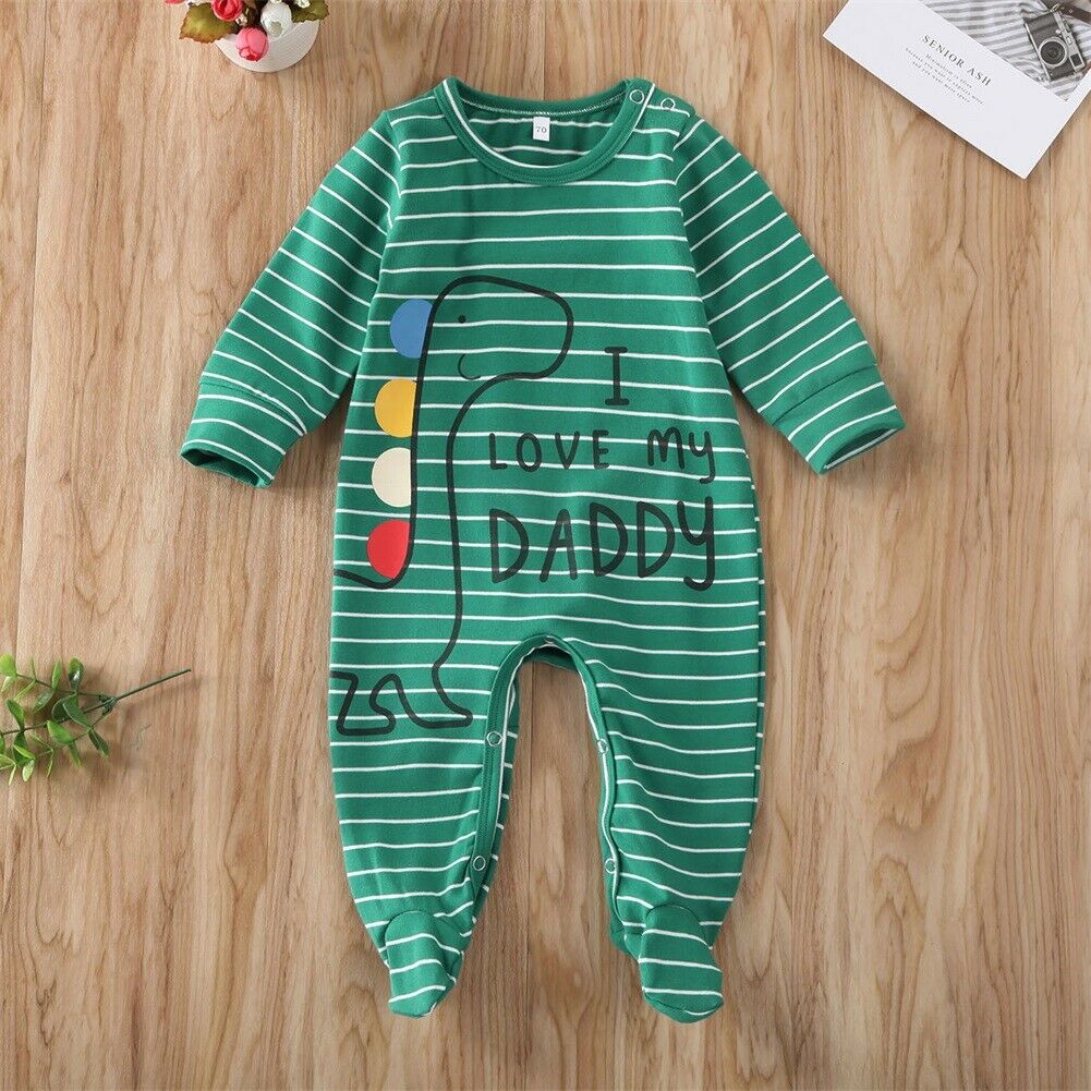 0-6M Newborn Kids Baby Boys Girls Footies Long Sleeve Striped Cartoon Print Clothes Outfit Sets