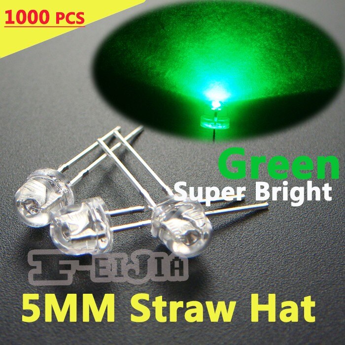 1000 stks 5mm Strohoed Groene LED Water Clear Lndicator lichten Super bright Wide Angle LED Diode [GROEN]