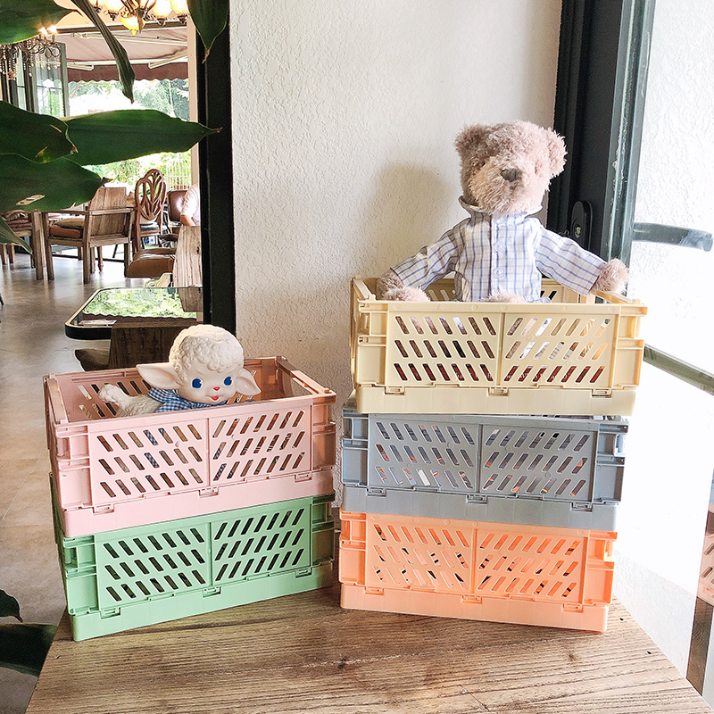 Cesta de almacenamiento plegable de escritorio Ins, caja de almacenamiento apilable de plástico para artículos diversos, juguete, aperitivos, organizador de escritorio Kawaii para estudiantes