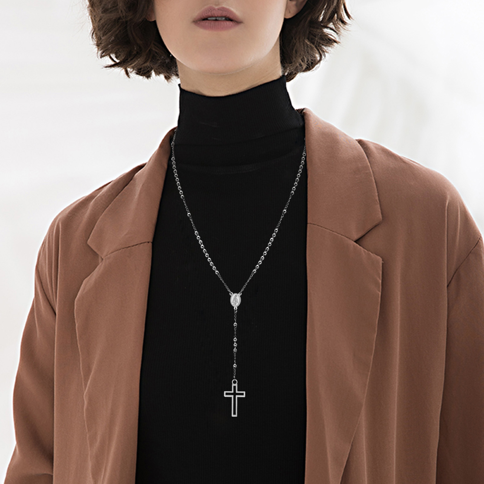 Zwarte Kralen Kruis Rozenkrans Kettingen Voor Mannen, Mannelijke Power Balance Hematiet Ketting, Religieuze Faith Gebed Sieraden: Titanium Plated