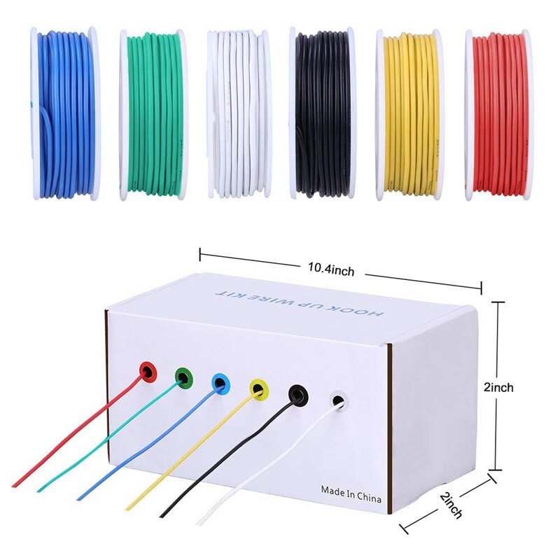 22AWG Electronics Wire Kit, Jumper Wire Hook Up Wire Kit Flexible Silicone Wire Pre-Tinned, Copper Wires 6 Colors 33Ft