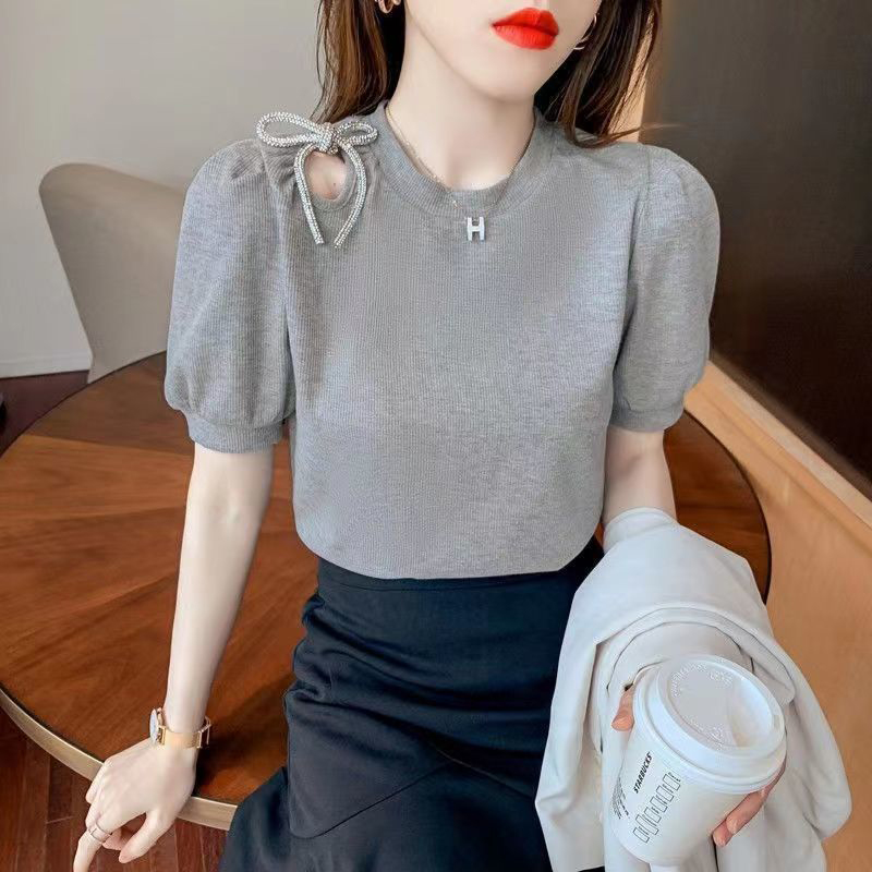 2023 Summer Round Neck Hollow Out Lace Up T-shirt Female Puff Short Sleeve All-match Top Women Loose Casual Solid Pullover Tee: L / GRAY