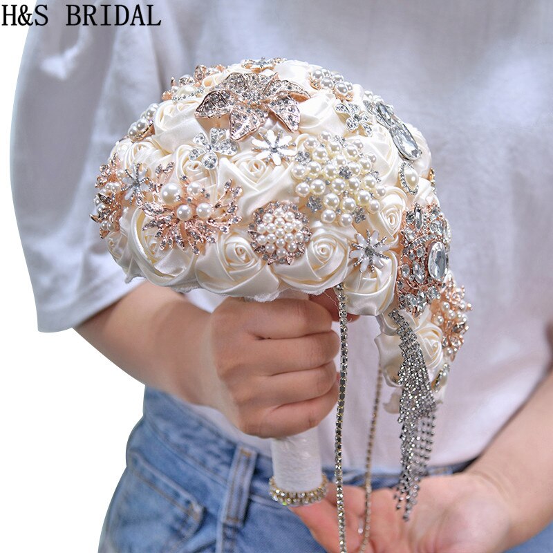 H &amp; S BRIDAL Teardrop Bruidsboeket Rose Bruids Bloem Boeket Handgemaakte Crystal Bruidsboeket Waterval boeket de mariage