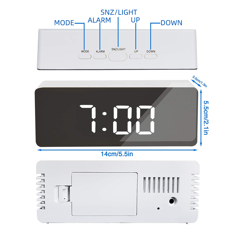 Led spejl vækkeur digital snooze bord ur vågne op lys elektronisk stor tid temperatur display boligindretning ur