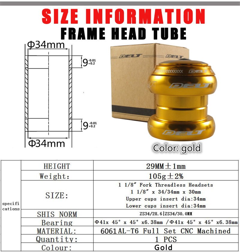 Piñón fijo para bicicleta de montaña MTB MBX, sin rosca, 2 rodamientos, 28,6mm (1, 1/8 "), 34mm, accesorios: Gold