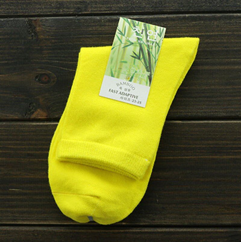 3 Pairs/Lot Women Bamboo Fiber Crew Socks Female Spring Autumn Soft Breathable Solid Candy Color Polka Dot Casual Socks: Solid- yellow