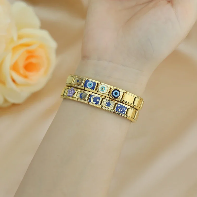 Hapiship, , 2024, Luna, estrella, ojo, dorado, italiano, eslabones aptos para pulsera de acero inoxidable de 9mm, joyería al por mayor DJ1373-A