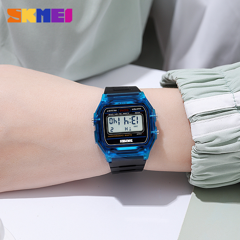 SKMEI, vigor juvenil, reloj de pulsera transparente con correa de TPU para mujer, cronómetro con pantalla de luz trasera, relojes digitales para mujer, reloj para mujer
