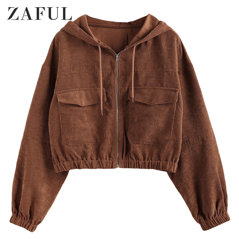 ZAFUL-abrigos cortos de pana para mujer, chaqueta con capucha de bolsillo y hombro caído, Top de manga larga sólido con cremallera, prendas de vestir para Otoño e Invierno: XL