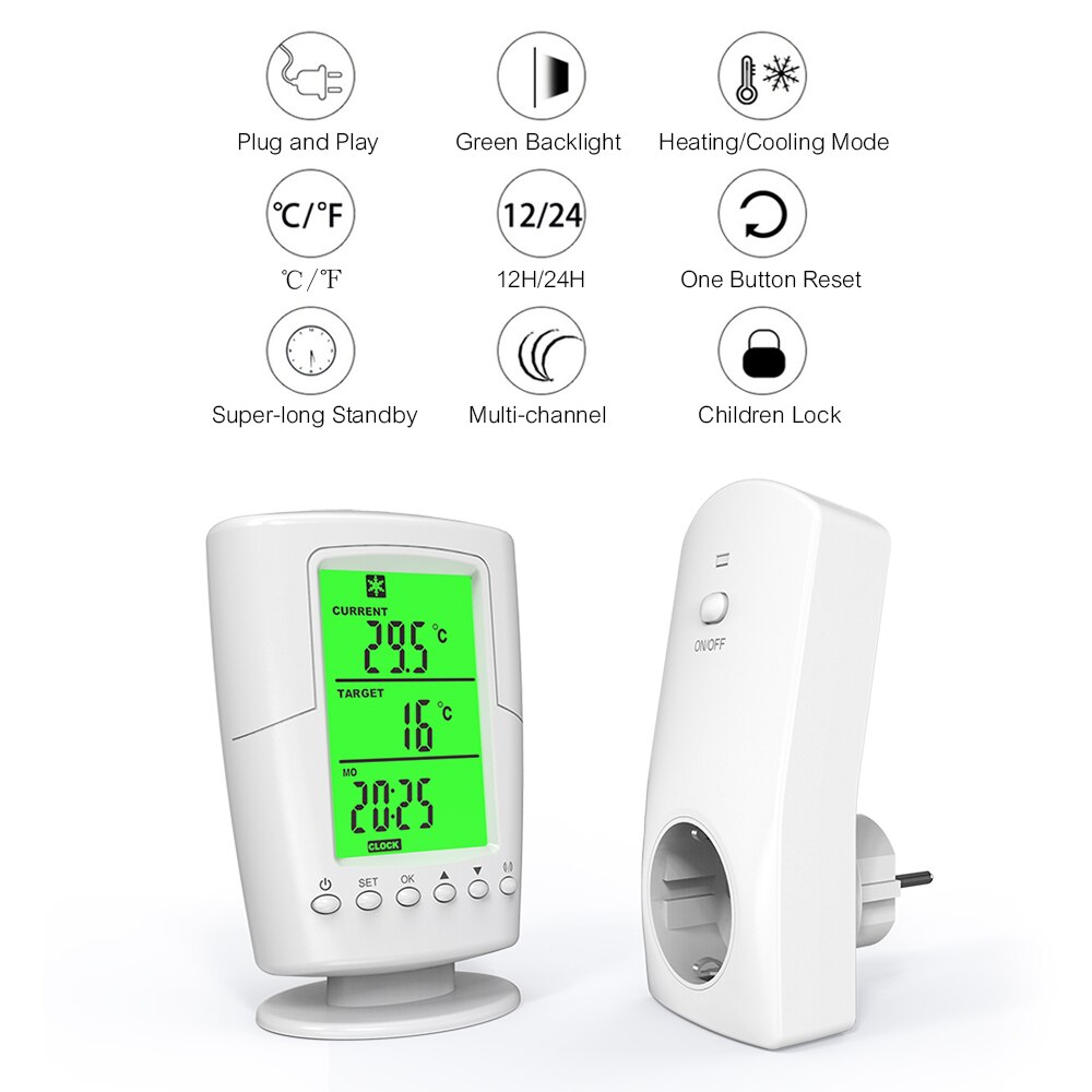 Smart Programmable Wireless Remote Thermostat LCD Screen + Plug in Socket Heating Cooling Program Temperature Controller: EU