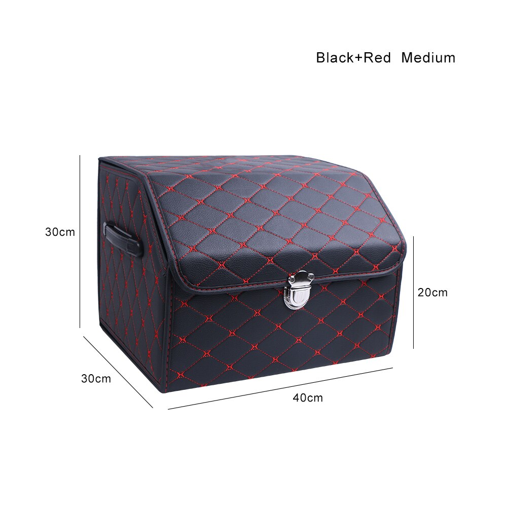 PU Leather Car Trunk Storage Box Top Grade Car Organizer Folding Storage Bag Automobile Stowing Tidying Box For Sedan SUV MPV: black-red-medium