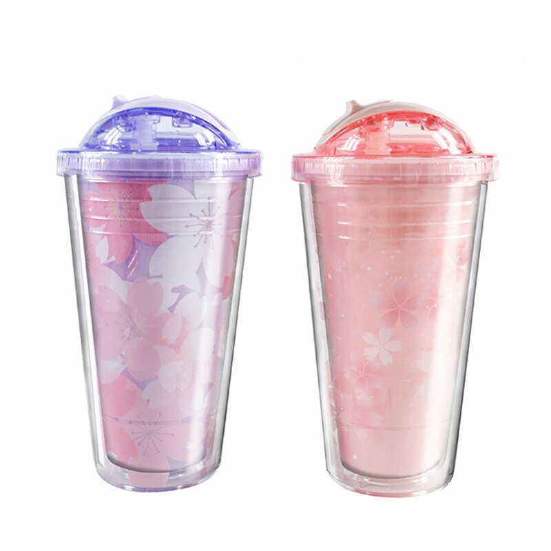 Yenhome double layer tumbler cup reusable romantic couple ice drink mug heat insulation cold insulation straw with lid 16 oz