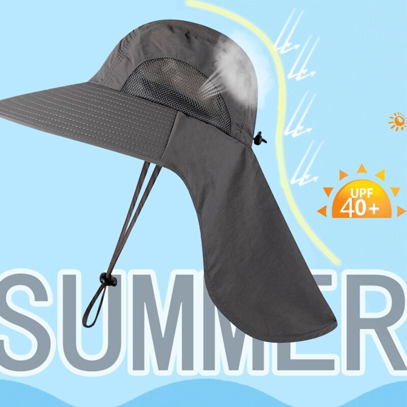 Sombrero de ala ancha con protección solar para hombre, gorro con cuerda para el cuello, protección UV, ala ancha, agujero de malla, redondo, para pesca y senderismo