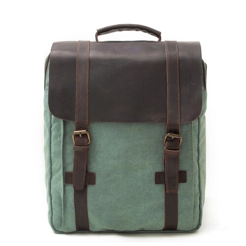 Muchuaneurope Mode Pure Katoenen Canvas Lederen Rugzakken 14 "Laptop Waterdichte Daypacks Grote Capaciteit Mannen Rugzakken Retro: Green lake