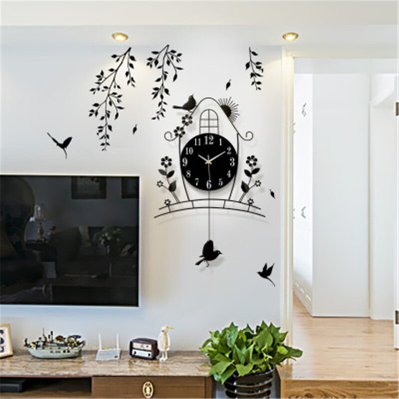 Pendulum Light in the Dark Wall Clock Modern Living Room Luminous Bird Metal 3D DIY Stickers Pared Con Pendulo Home Decor: Stickers black002