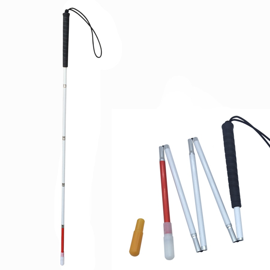 105-155cm synskadade vita käpp, fällblind käpp i aluminium, blind käpp, reflekterande röd och vit, svart handtag