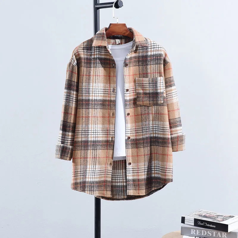 Spring Autumn Female Leisure Long Sleeves Shirt Women Plaid Woolen Cloth Cardigan Blouse Korean Ladies Loose Shirt: S / Brown