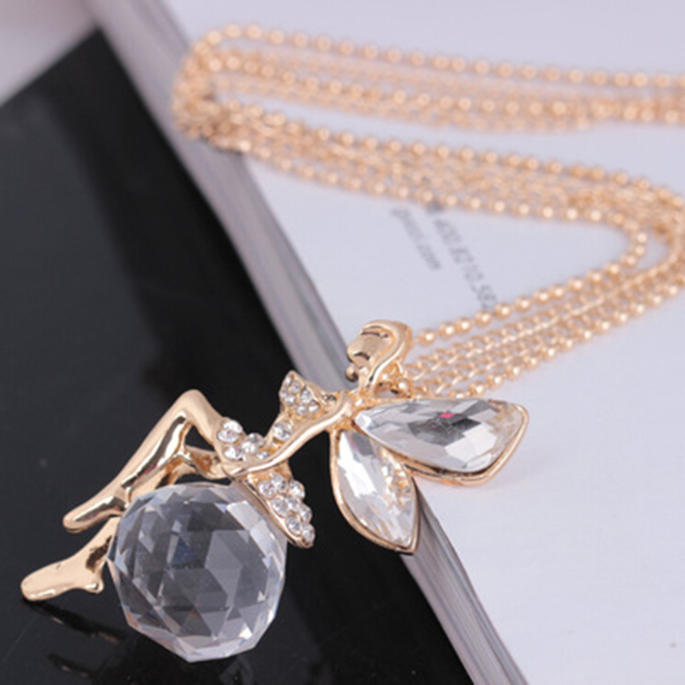 Women Crystal Fairy Angel Wing Pendant Long Chain Sweater Necklace