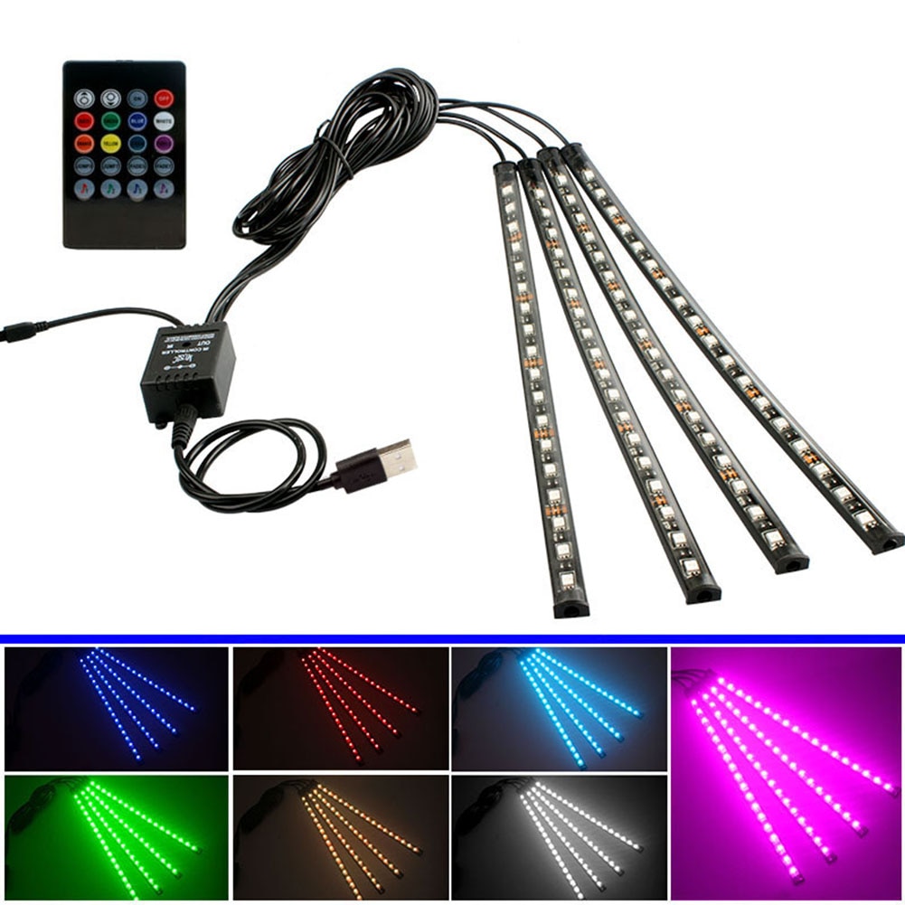 4 In 1 Led Auto Voet Licht 5V Usb Rgb SMD5050 72 Led Strip Ambient Lamp Afstandsbediening Muziek Controle automotive Interieur Decoratieve