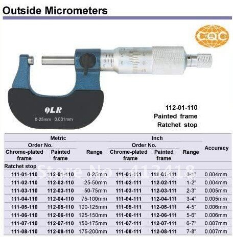 Microns scribed line outside micrometer. 50-75mm. 102-03-000. 2-3inch micrometer