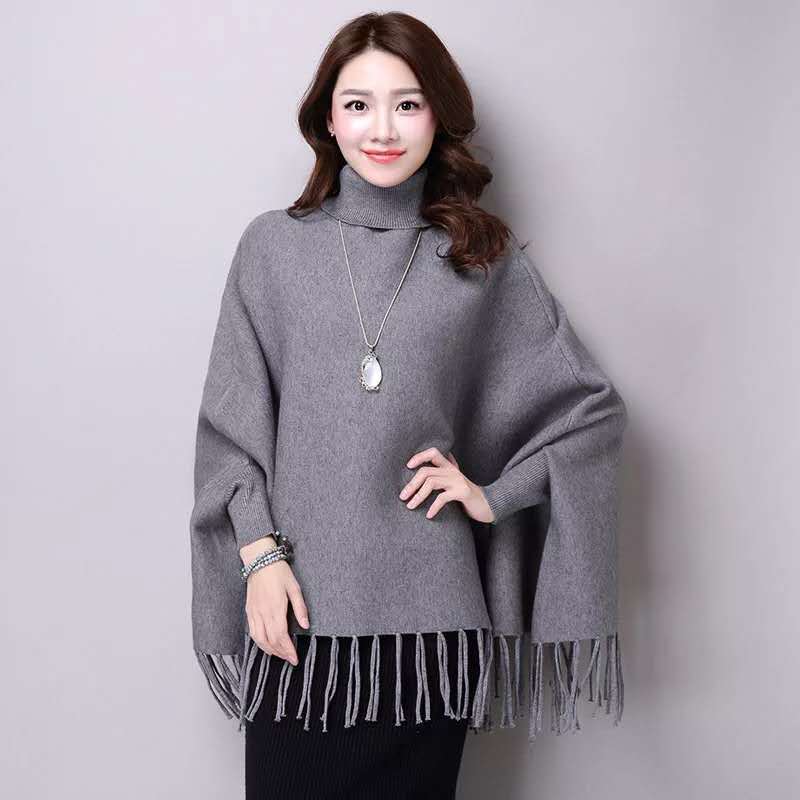 Pull cape à col roulé pour femme, pull ample à pompons, manches chauve-souris, couleur unie, vêtements pour femmes: Or
