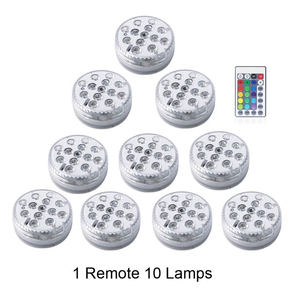 Nedsænket led lys vandtæt undervandslampe fjernbetjening 5v batteri strøm dekorations natlamper til akvarie pool fisketank vase: 1 fjernbetjening 10 lamper / 70 x 28mm