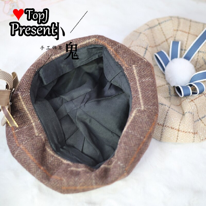 Japanse Zoete En Mooie Streep Check Achthoekige Cap Retro Lolita Baret Leuke Herfst En Winter Zacht Meisje Baret