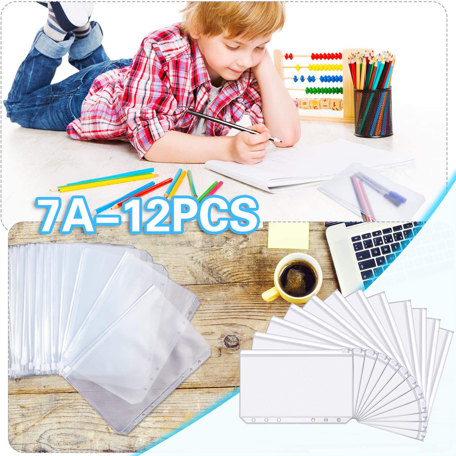 20 PCS A7 Binder Pockets Plastic Binder Zip Document Holders PVC Waterproof Tear-resistant Loose Leaf 13 x 9 cm With 6 Holes