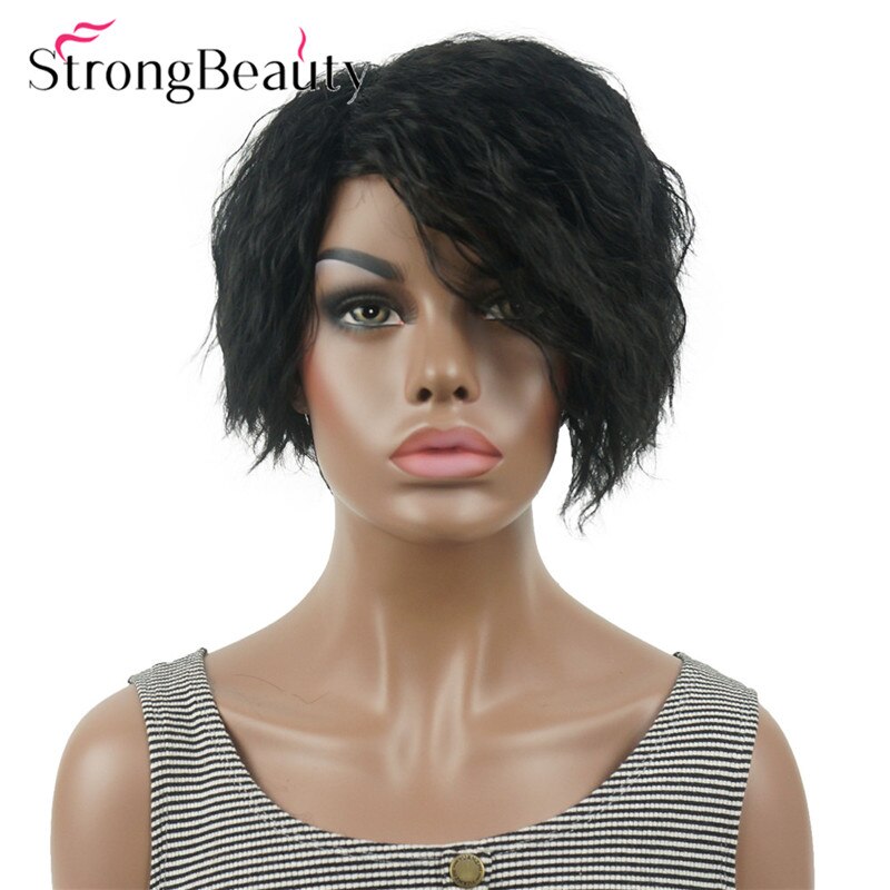 StrongBeauty Short Natural Curly Wigs Asymmetrical Side Bang Synthetic Women Hair Heat Resistant Wig