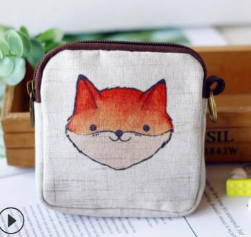 M022 Cartoon Lovely Fox Cat Printed Canvas Zipper Bag Geometric Square Multi-function Zero Wallet Women Student: 1