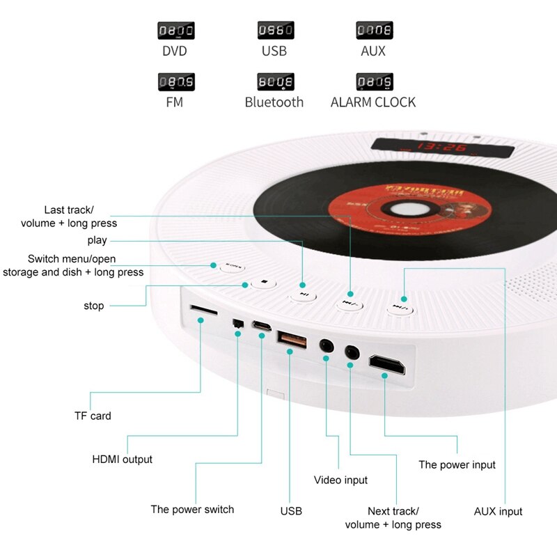 Opq-vægmonteret cd-afspiller surround sound dvd-afspiller hifi fm radio bluetooth bærbar musikafspiller fjernbetjening understøtter usb tf