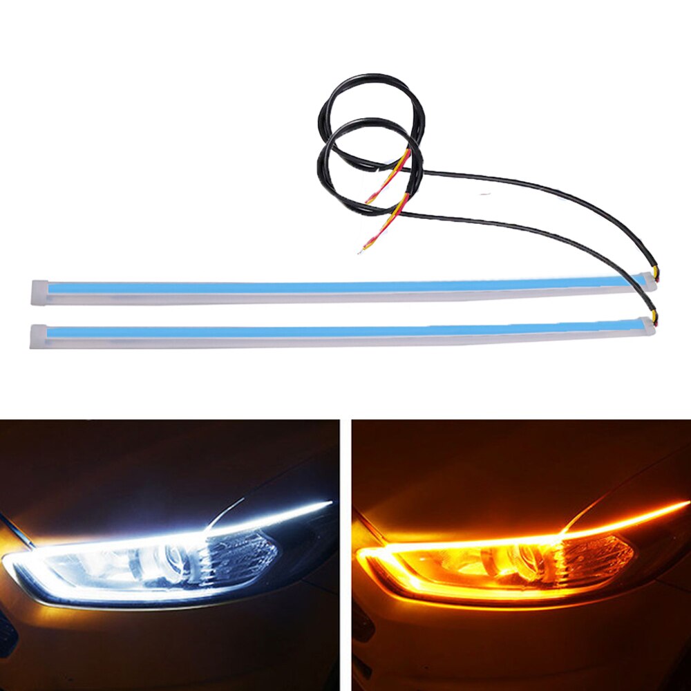 2 pièces LED DRL voiture feux diurnes Flexible bande étanche Auto phares blanc clignotant jaune feux de circulation de frein 12V: White to Yellow / 60cm ( 23.62inch )