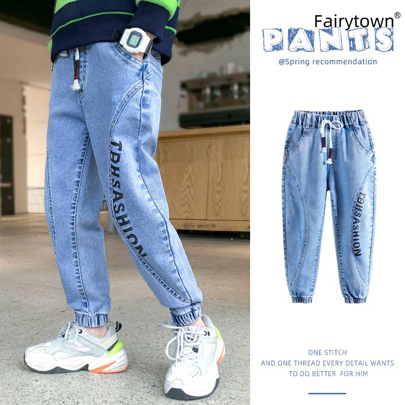 Jeans per ragazzi pantaloni Cargo per adolescenti pantaloni larghi moda Hip-hop pantaloni Harem con cuciture blu 4 6 8 10 12 14 16 anni