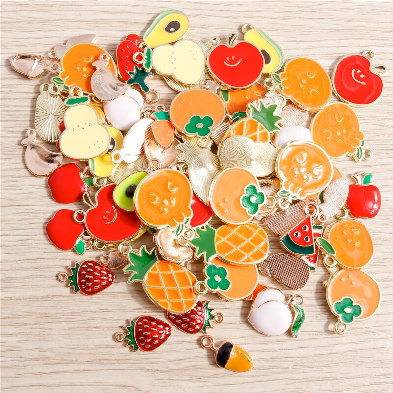 10 pçs/lote Esmalte Encantos para Brincos Pingentes Colares Fruta Morango Abacaxi Banana Laranja Encantos Artesanais Fazer Jóias