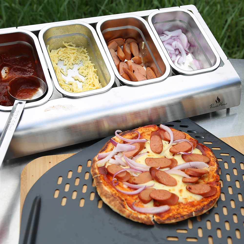 Rustfrit stål pizza ingrediensbeholder pizza topping station med pp låg til køleskabsopbevaring pizza topping krydderi opbevaringsboks
