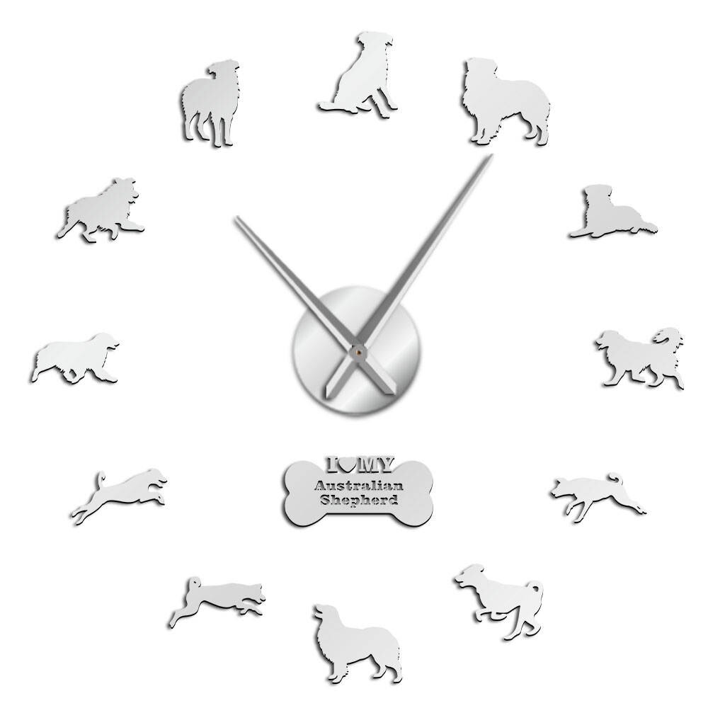 Reloj de pared de gran tamaño para perros pastor australiano, reloj de pared con autoadhesivo 3D de mascota perrito, retrato Beagle para amantes de los perros: Silver / 27inch