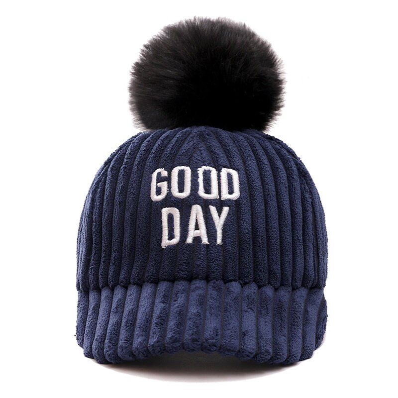 Goede Dag Brief Vrouwen Winter Baseball Cap Mode Pompoms Hoed Voor Vrouwelijke Herfst Casual Flanel Warm Cap: Navy Blue