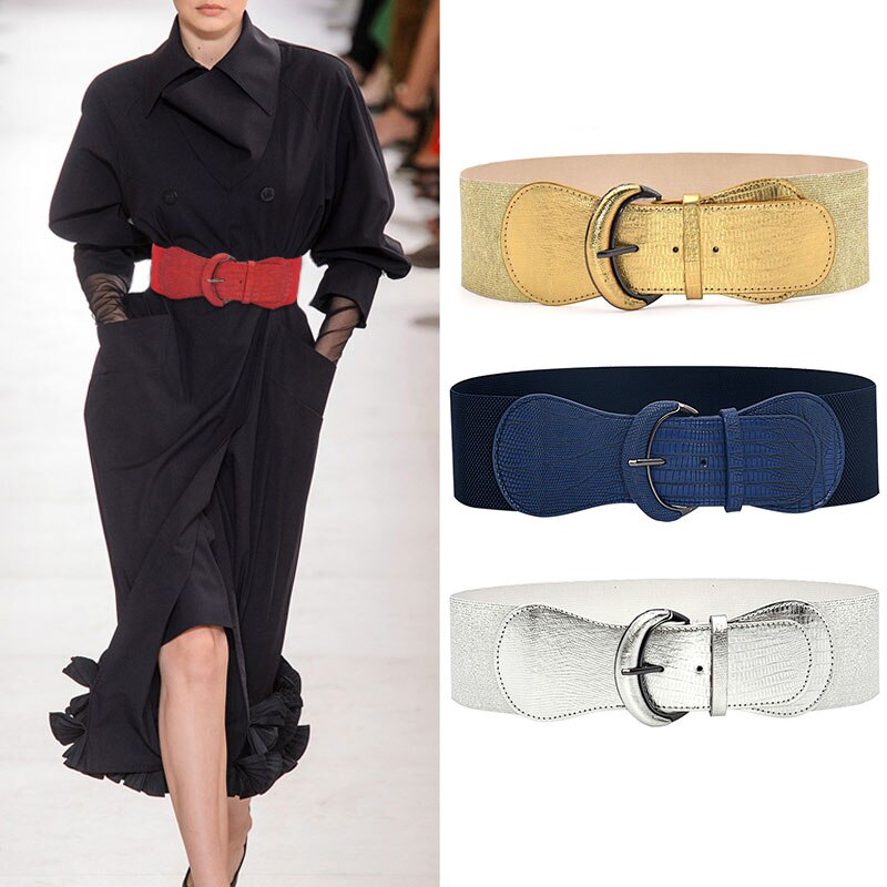 Silver Blue Gold Women Wide Elastic Waist Belt Dress Belt Accessories Stretch Elastic Wide Corset Waist Metal Buckle