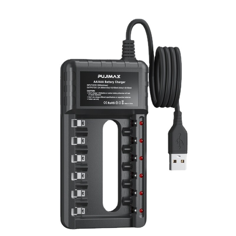 PUJIMAX-Adaptador de cargador de batería con 6 ranuras, indicador LED rápido inteligente, Cargador USB para pilas recargables AA/AAA Ni-MH/ni-cd