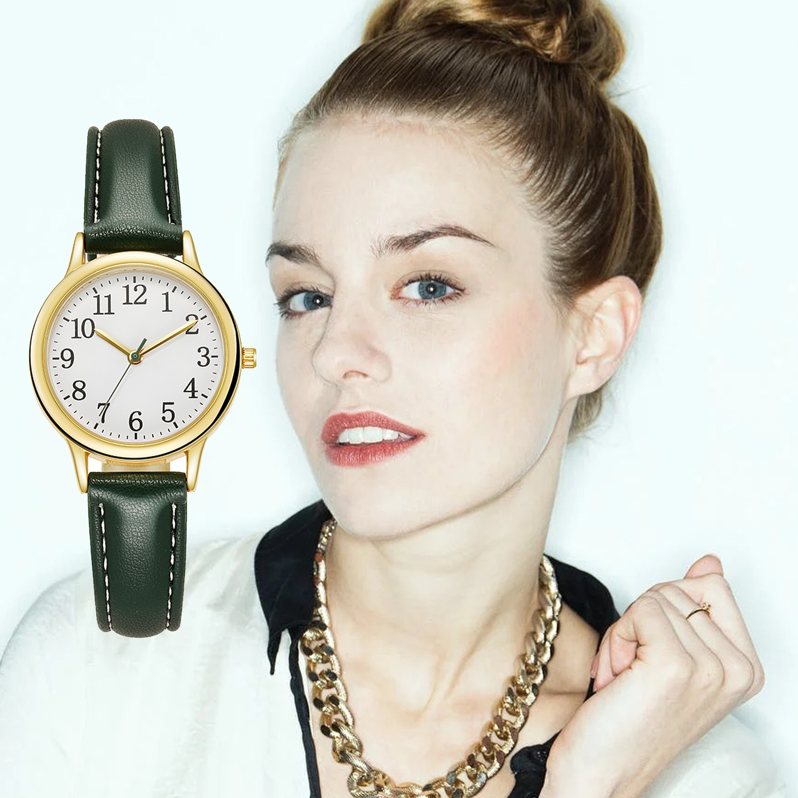 Japansk urværk dameur med kvarts, fint ur, letlæselige arabiske tal, enkel urskive: Grøn