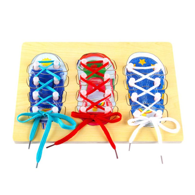 (Pack of 3) Wooden Lacing Shoe Toy Learn to Tie Shoelaces, Fine Motor Skills Toy Threading Toy Board Game for Kids Q0KB