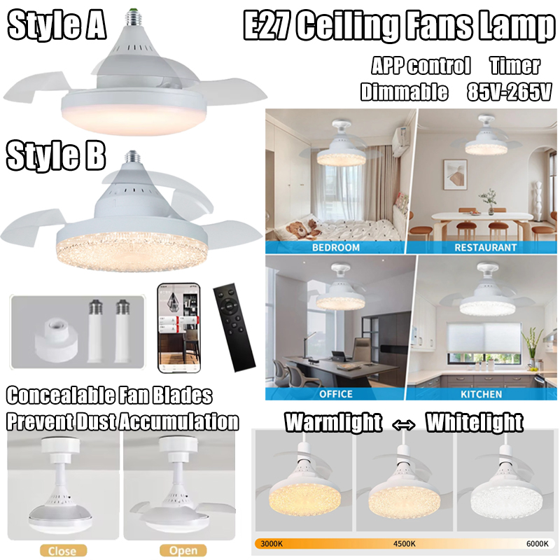 Ceiling Fan Light Retractable Blades Fans Crystal Lampshade APP and Remote Control Fans Light Modern and Simple Bedroom Lighting