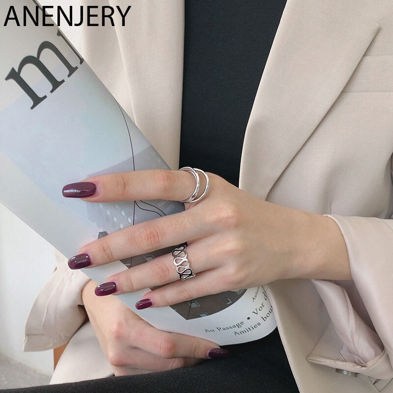 ANENJERY Smooth Woven Hollow Ring Silver Color W-shape Open Finger Ring For Women Men Gold Color S-R762