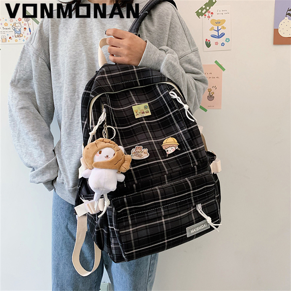 Japanese Plaid Backpack Korean Large Capacity Students Schoolbag Campus Stripe Style Fashionable Girl Waterproof Travel Bag