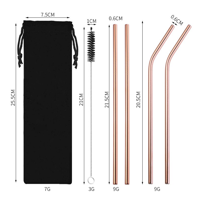 Food Grade Eco-Friendly 304 Stainless Steel Metal Straw Set with Cleaning Brush Convenient Party Milk Tea Drink Straw Reusable: C