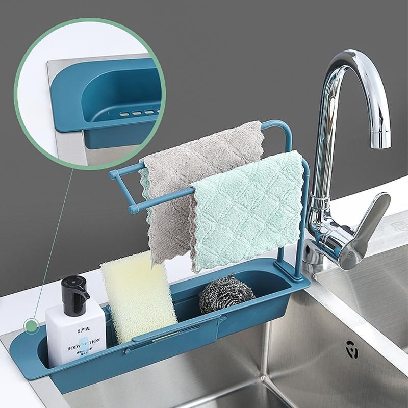 Teleskopisk vask opbevaringsstativ justerbart afløbsstativ køkkenvaske opbevaringsstativ orangizer vaskeskål svampholder badeværelse