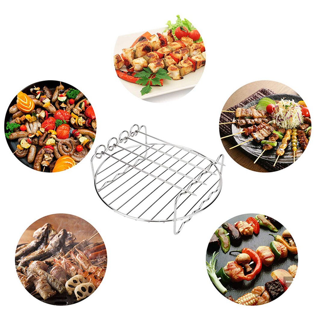 Air Fryer Rack Stainless Steel Double Layer Rack Versatile Round Roasting Stand Barbecue Grill Holder With Skewers Kitchen Tool